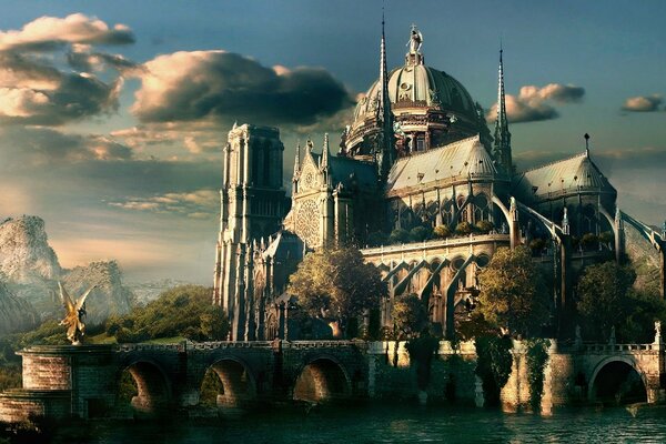 Fabulosamente hermoso castillo en la orilla del río