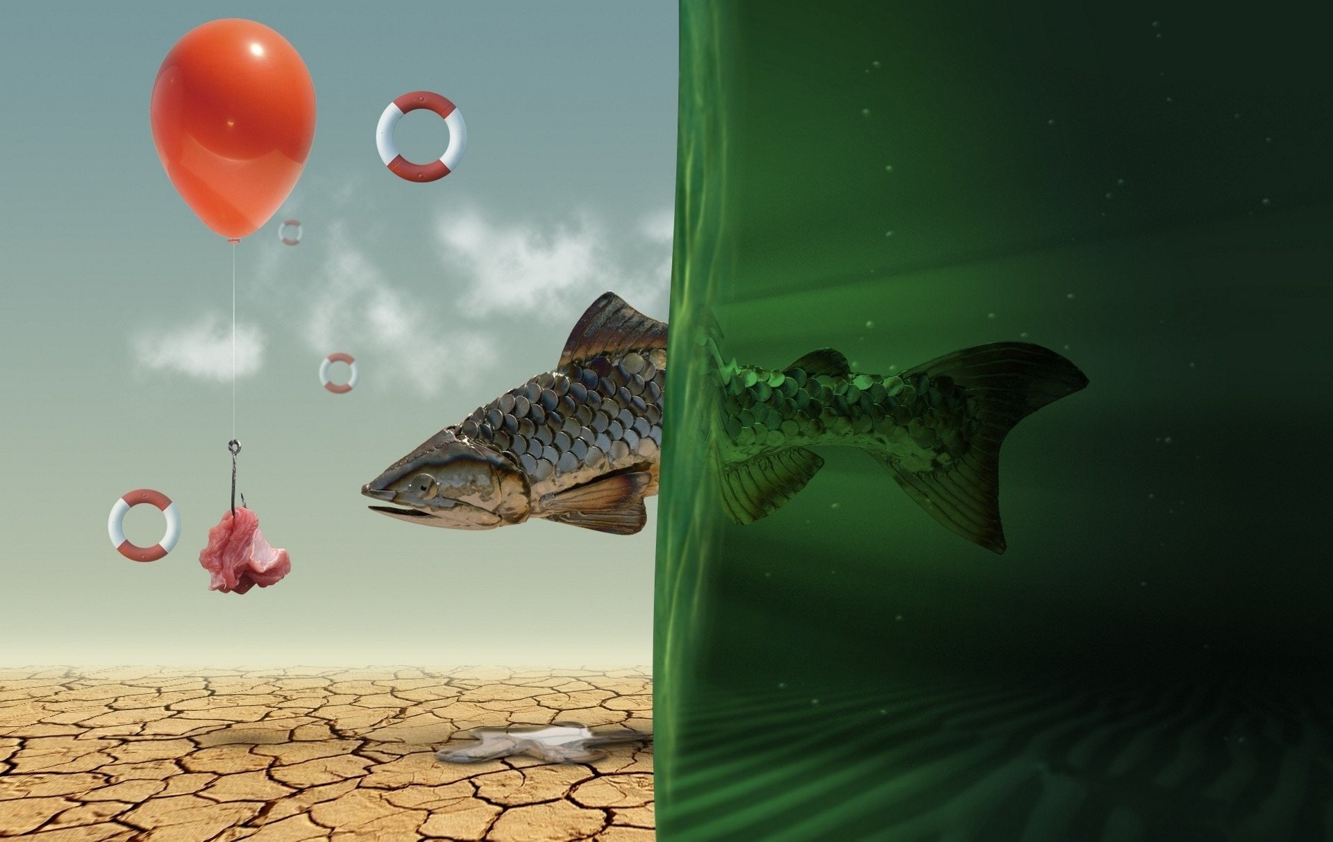 pescado cebo pescado carne globo salvavidas arte agua sequía gancho aire globo creativo charco hd carne fantasía 3d