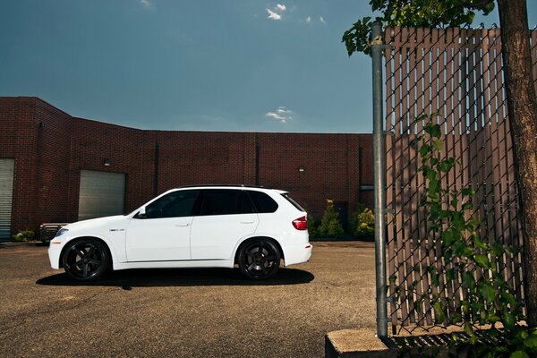 BMW x-5 crossover blanco al lado del edificio
