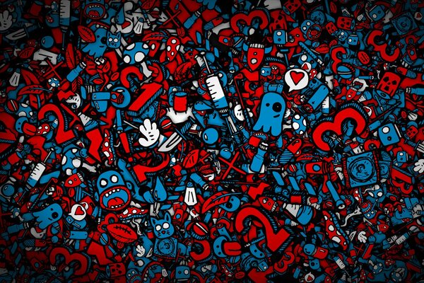 Fondo rojo-azul de varios objetos, letras, texturas