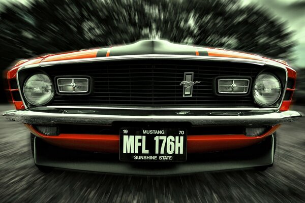 El hocico de un Ford Mustang sobre un fondo borroso