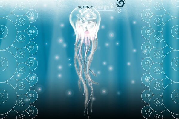Arte de medusas con rizos sobre fondo azul