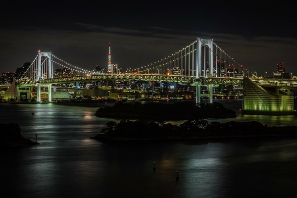 Puente del arco iris japonés en la noche