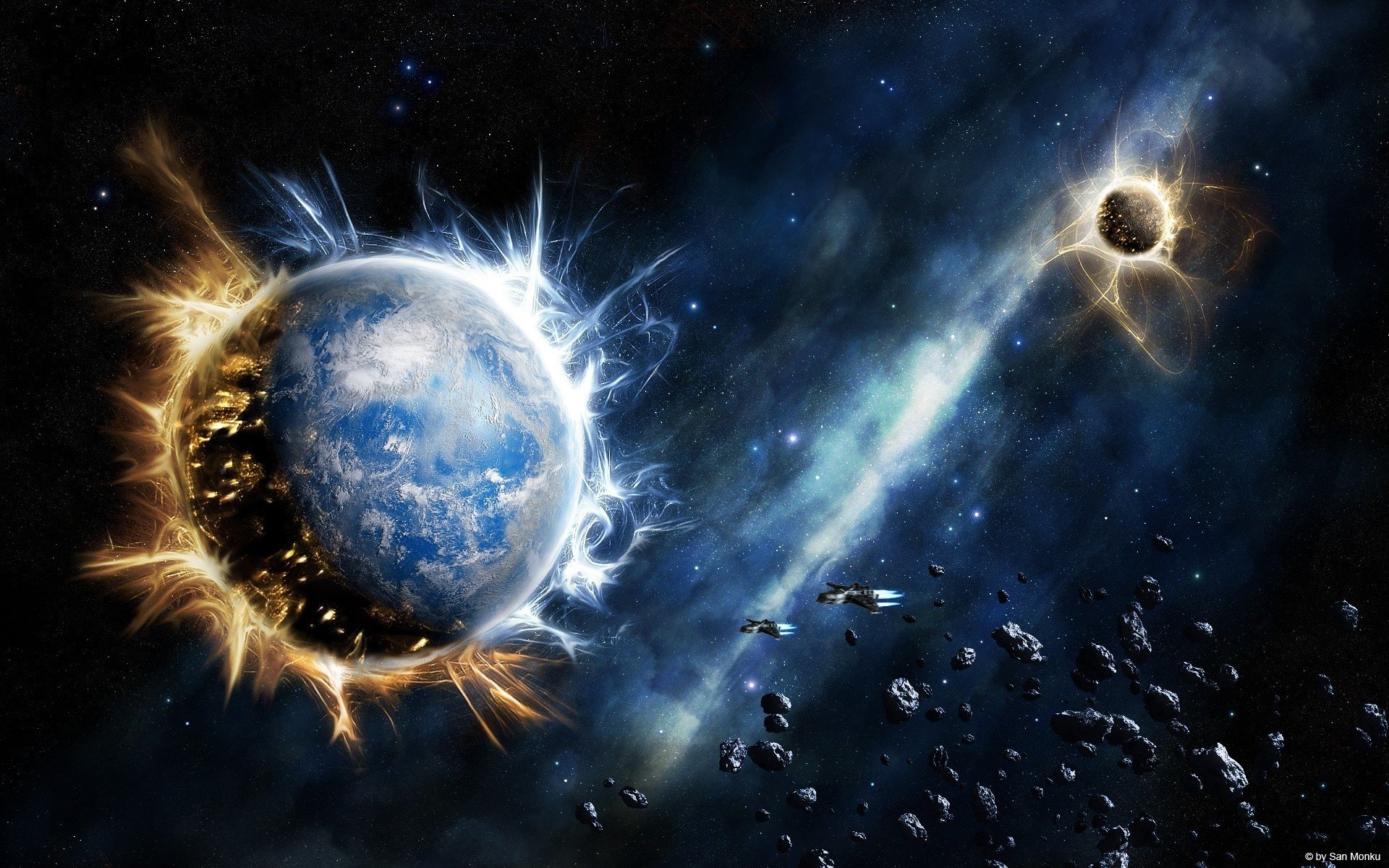planeta llamas piedras universo galaxia espacio exterior estrellas nebulosa