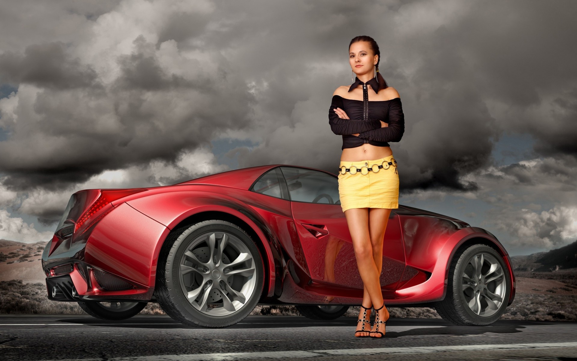 mujer chica carretera morena coche nube gris