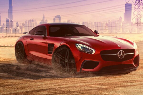 Coche rojo con ruedas delanteras giradas