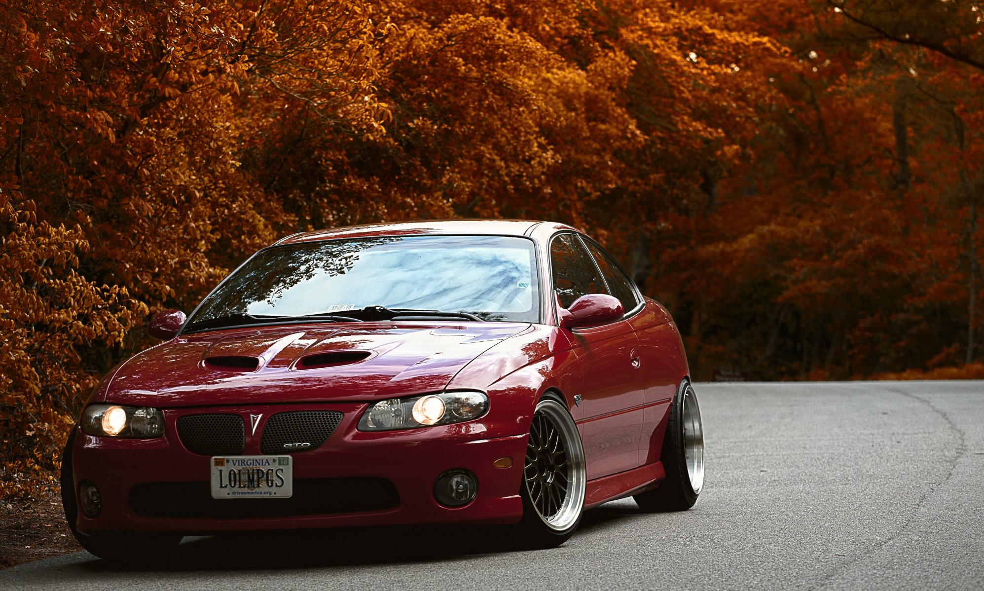 pontiac gto pontiac rojo tuning otoño árboles carretera