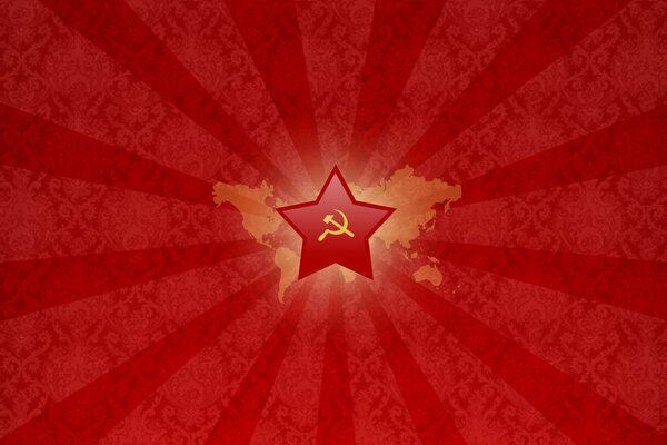 Simbolismo de la URSS hoz y martillo en el fondo de una estrella roja. Contornos del mapa de la URSS con la estrella roja hoz y martillo