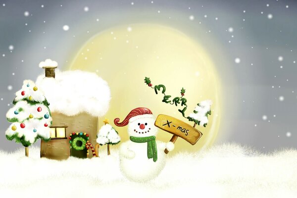 Muñeco de nieve cerca de la casa con saludos festivos