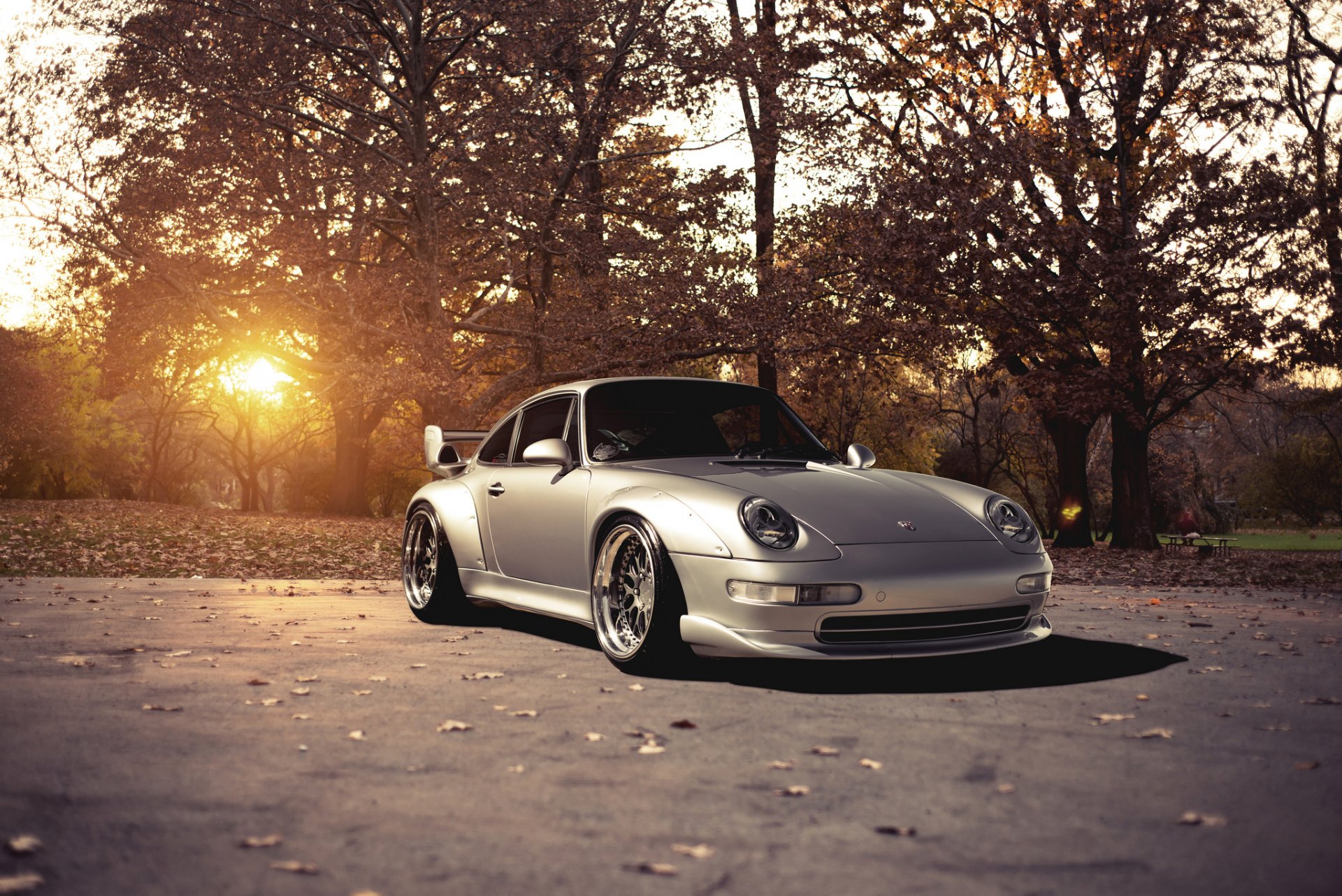 porsche 911 gt2 plateado delantero porsche plata árboles sol resplandor