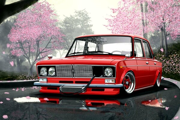 Coche rojo en la carretera entre Sakura