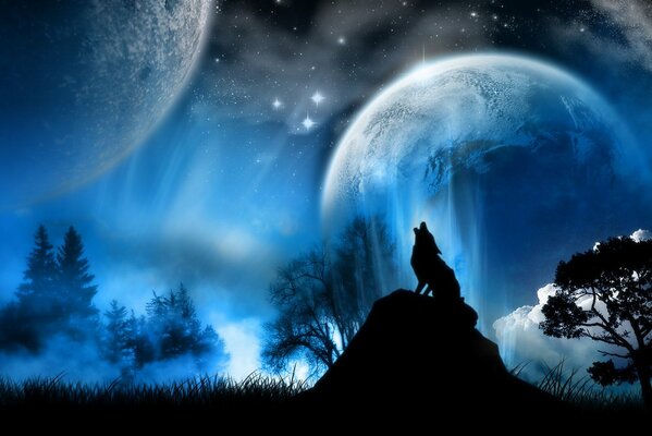 La silueta de un lobo aullador en el fondo de una Luna fantástica