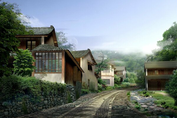 Mañana brumosa entre casas y piedras