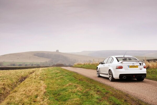 Coche blanco con Spoiler en el campo