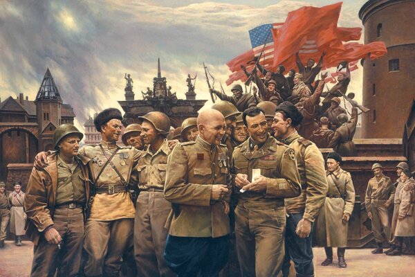 Soldados de ee.uu. y la urss se alegran de la victoria