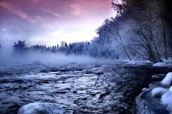 Paisaje de invierno. río y bosque cubierto de nieve