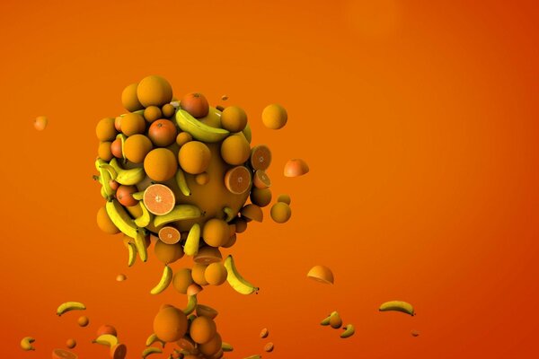 Mezcla de naranjas y plátanos sobre un fondo naranja