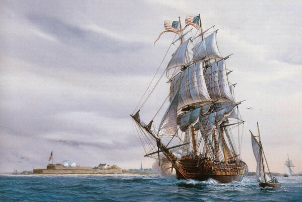 Pintura velero cabalga sobre el agua desde el puerto