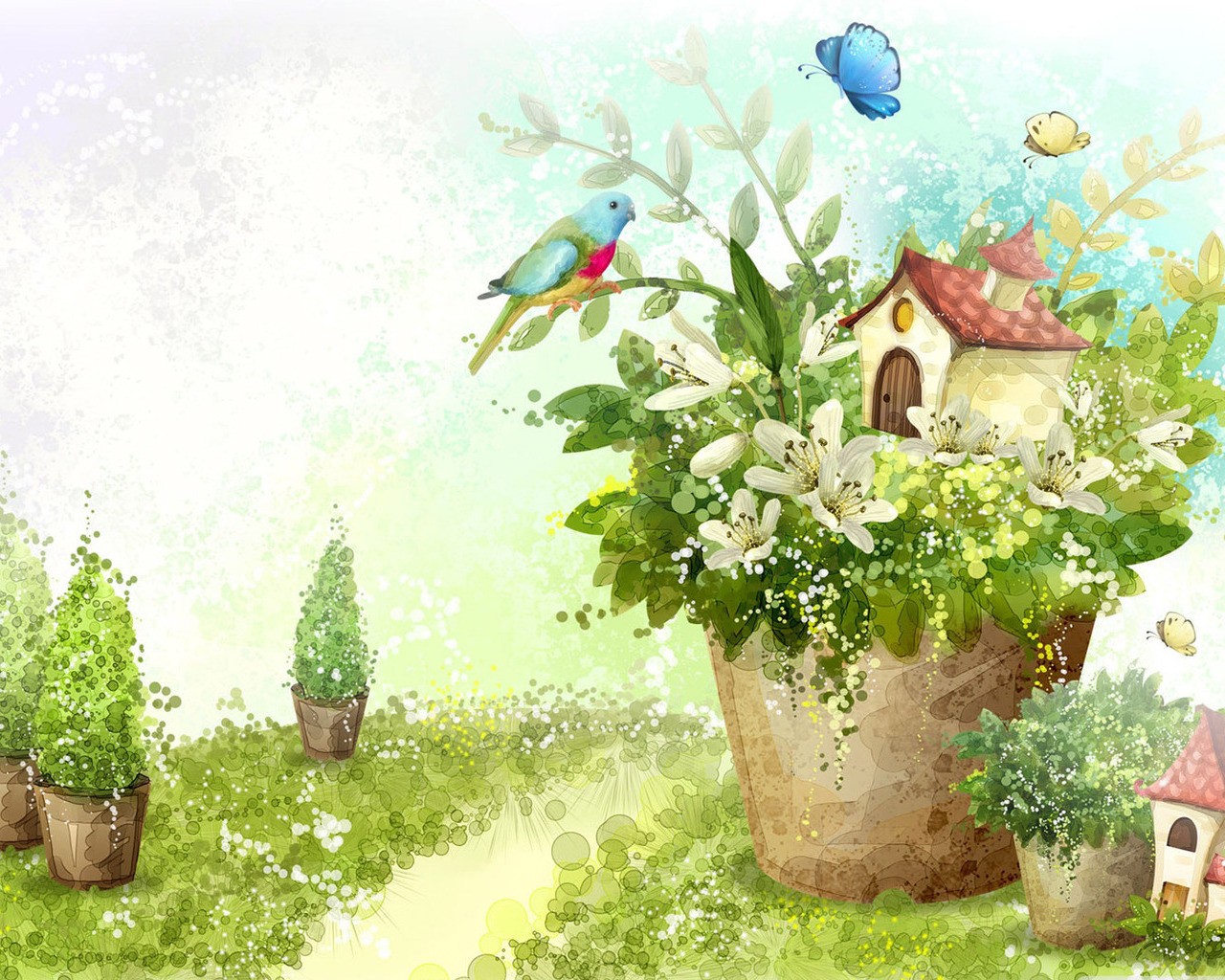 dibujos papel pintado naturaleza flores casa pájaro