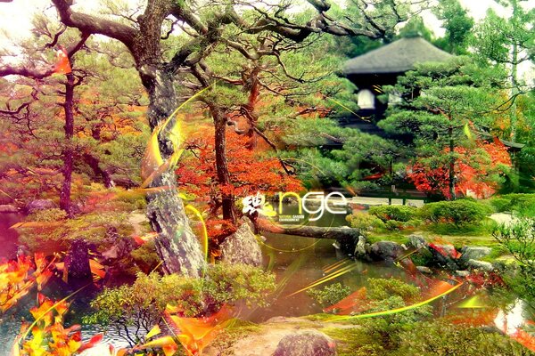 Otoño carmesí, río y casa