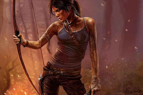 Dibujo de Lara Croft con un arco en la mano