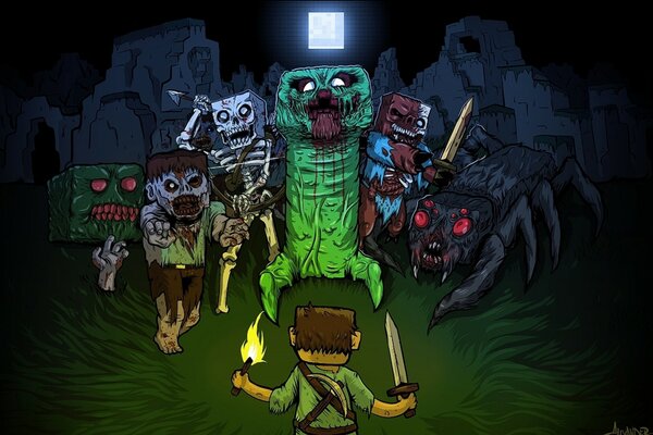 Arte en el estilo de Minecraft con zombies