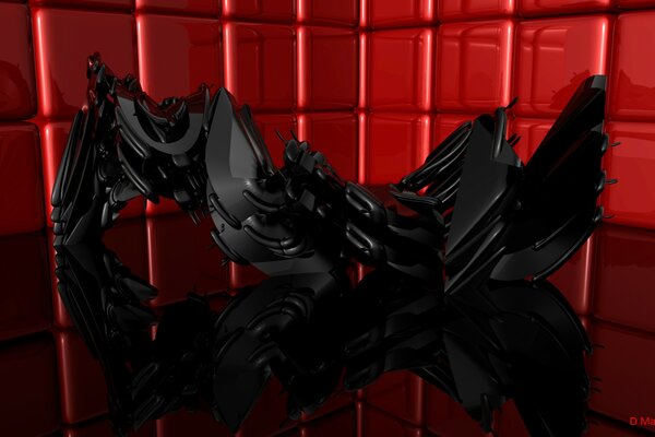 Criatura negra de fantasía contra cubos rojos