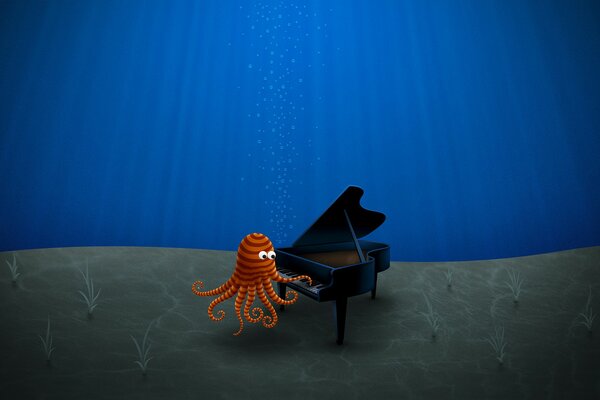 En la figura, un pulpo toca un piano en el fondo del mar azul