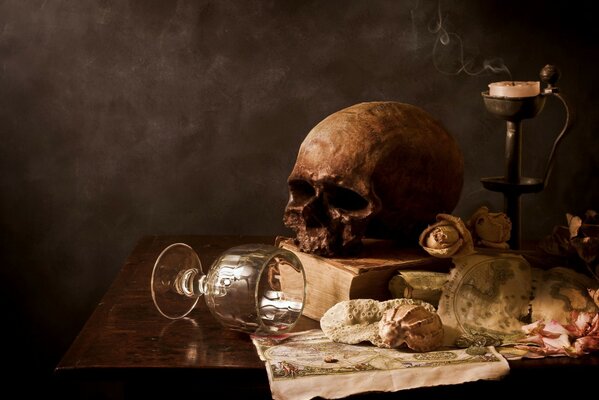 Bodegón con Copa de vino, vela y calavera