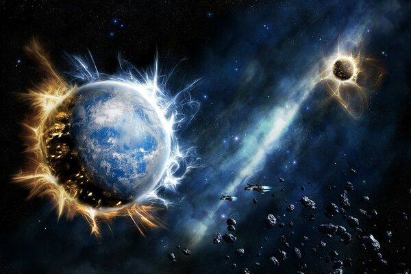 Dos planetas cósmicos envueltos por destellos luminosos y asteroides y naves voladoras que se acercan a ellos