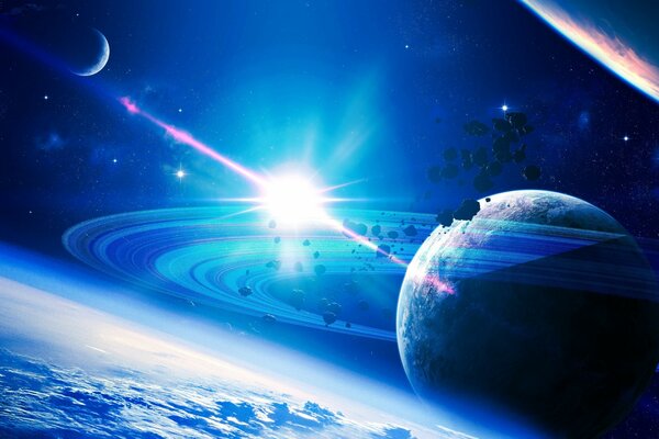 Un planeta en luz azul desde el espacio sobre el cielo