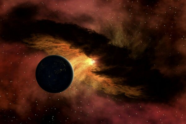 Un planeta negro en el espacio y la luz incidente