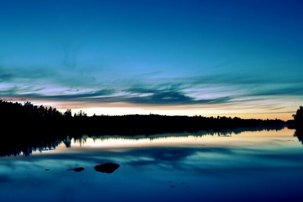 Puesta de sol de verano. Bosque. Lago