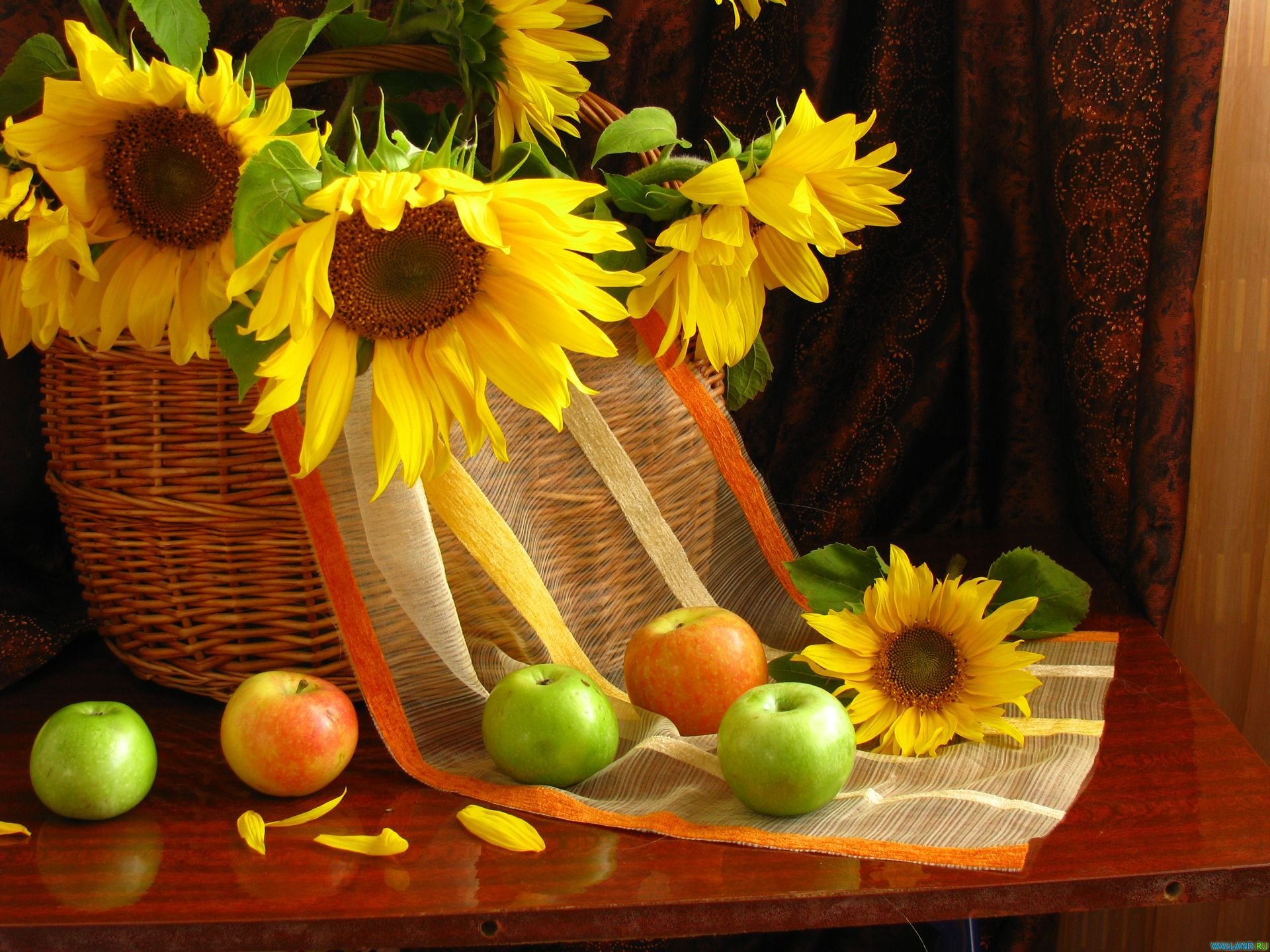 girasoles manzanas naturaleza muerta fruta pétalos flores