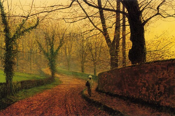La niña desciende por el follaje de otoño. Pintura