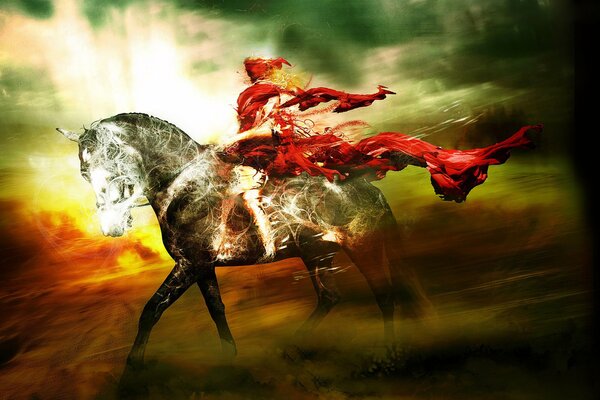 Jinete vestido de rojo a caballo