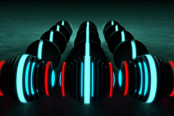 Las bolas de neón de color negro se revelan en azul y rojo