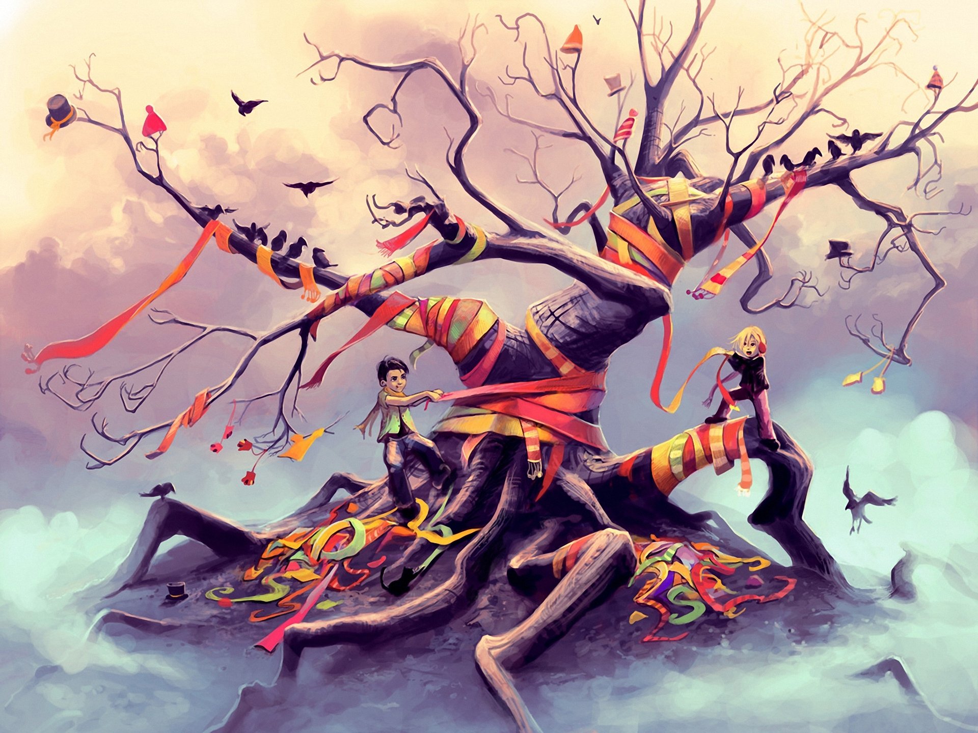 arte fantasía madera cintas niños sombreros aves