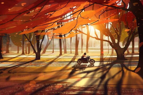 Figura motociclista paseos en el bosque de otoño
