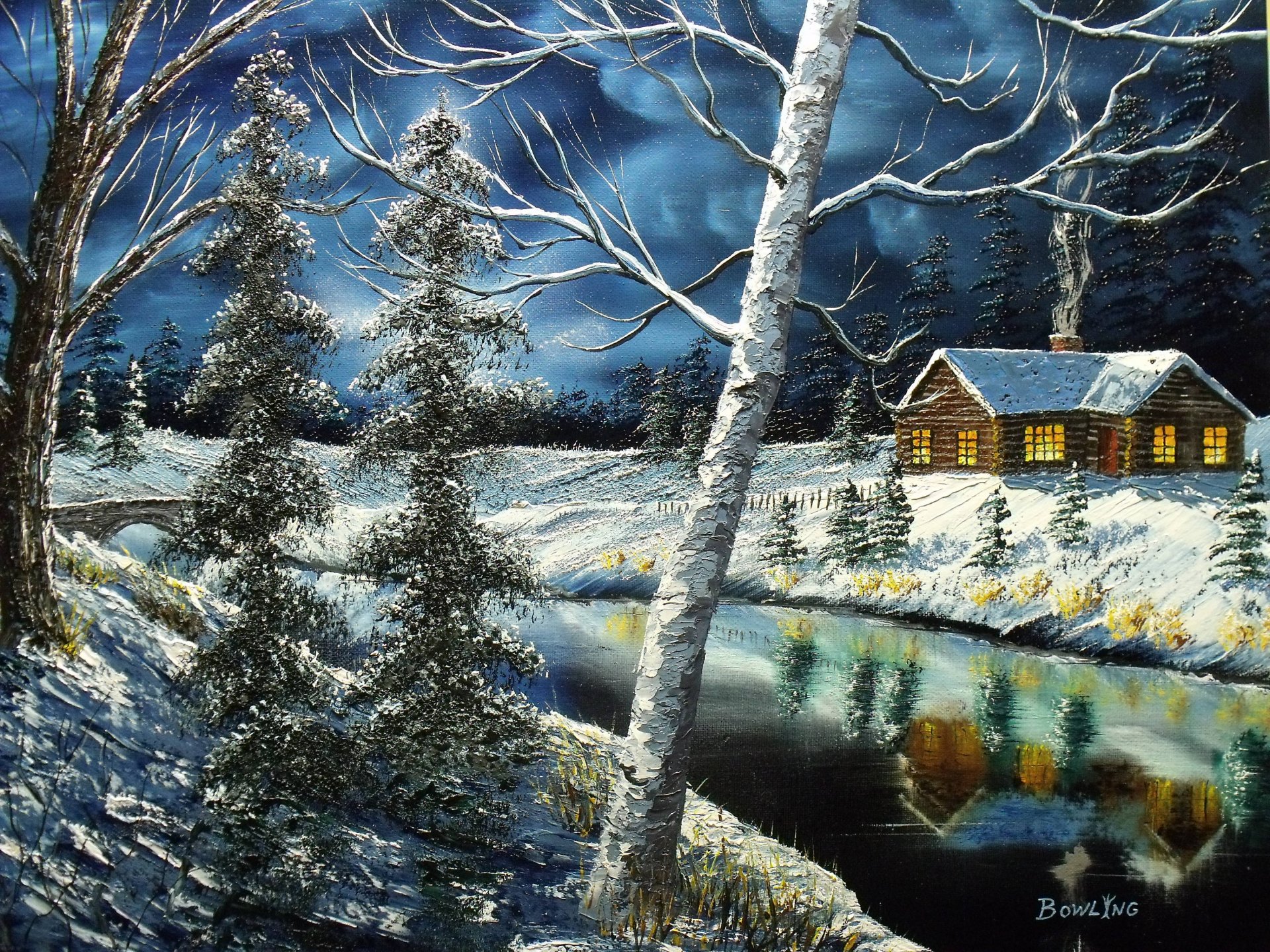 pintura casa ventanas invierno árboles río reflexión cielo lienzo