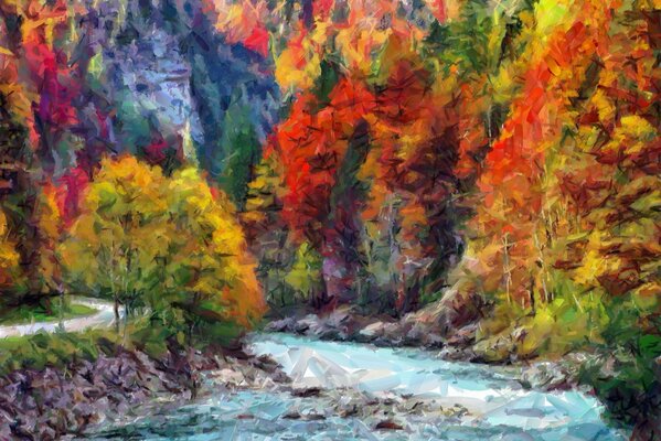 Árboles pintados con colores abigarrados de otoño y agua burbujeante