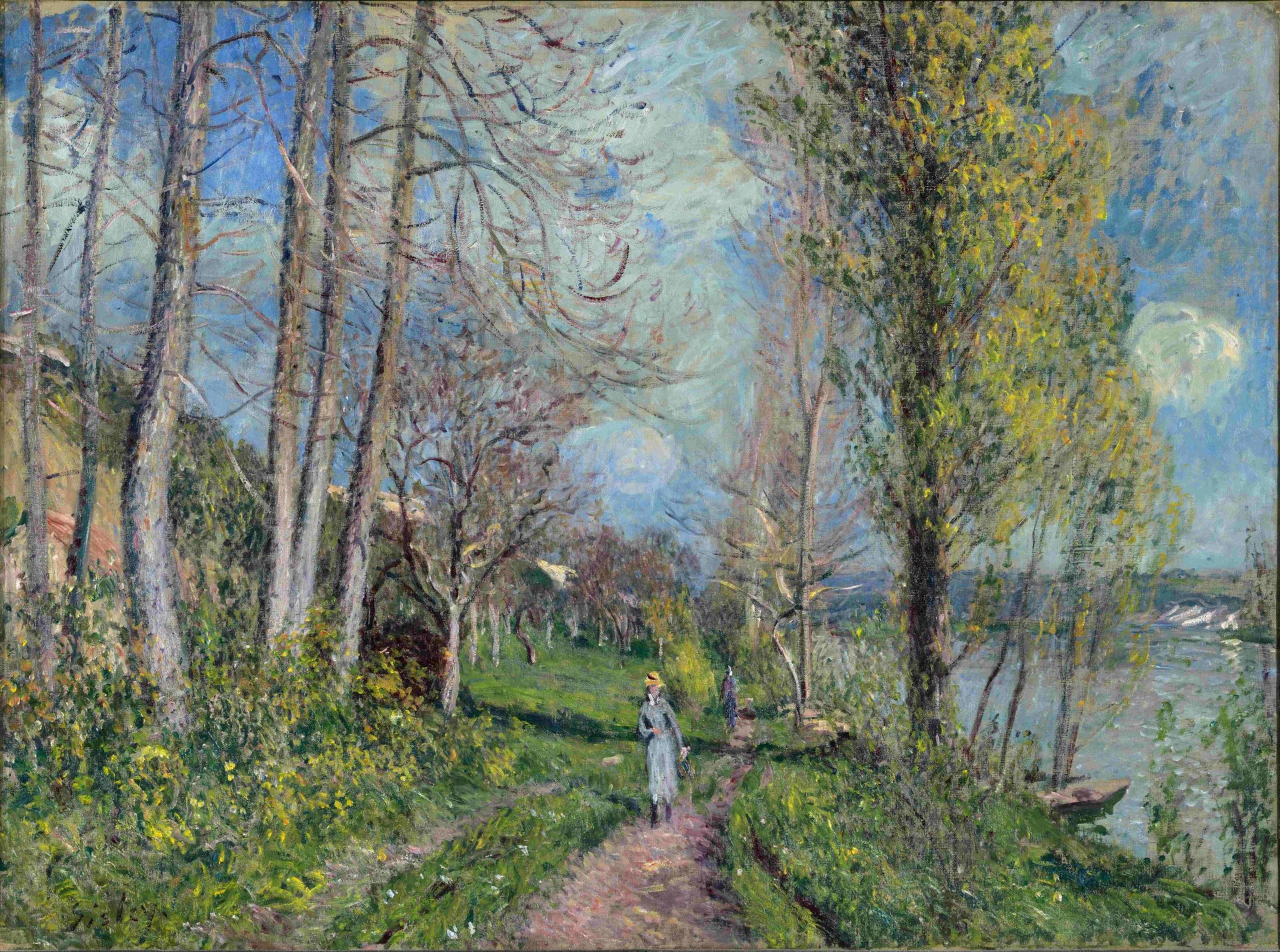alfred sisley camino niña paseo río heno árboles cielo nubes pintura