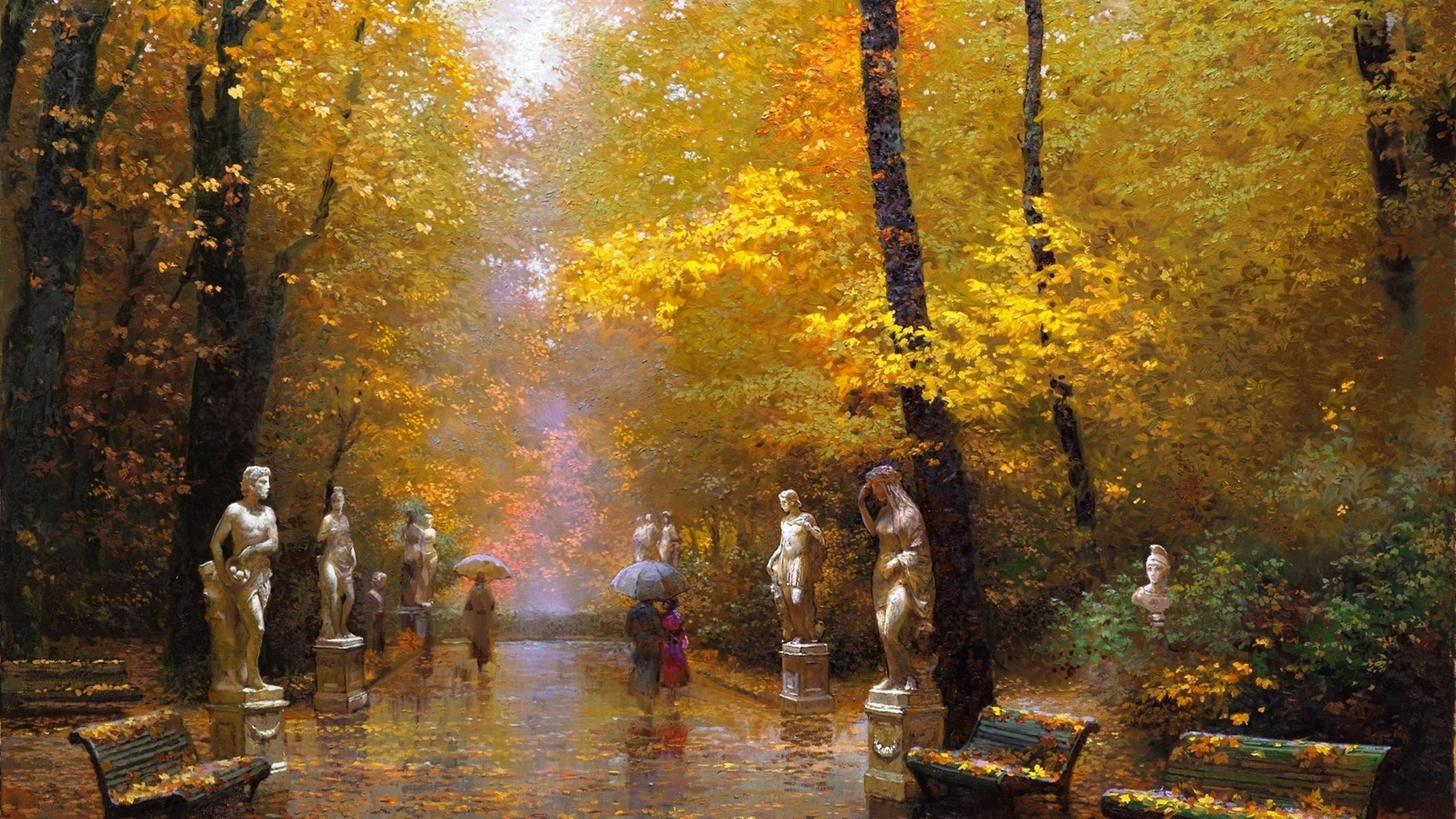 parque esculturas bancos camino hojas caídas personas paraguas lluvia otoño