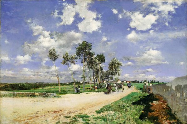 Pintura de Giovanni Boldini. Los caballos caminan por un camino rural