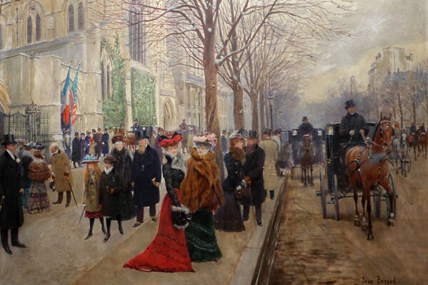 Damas francesas con abrigos de piel esperan un carruaje en la calle de invierno