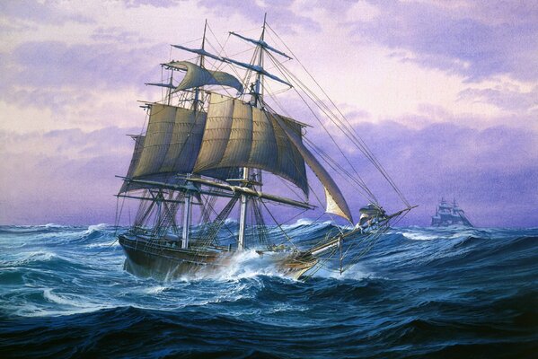 Barcos de tres mástiles atrapados en la tormenta