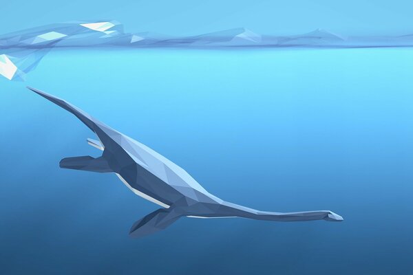 Imagen geométrica de un dinosaurio flotando. Figura. Fondo azul