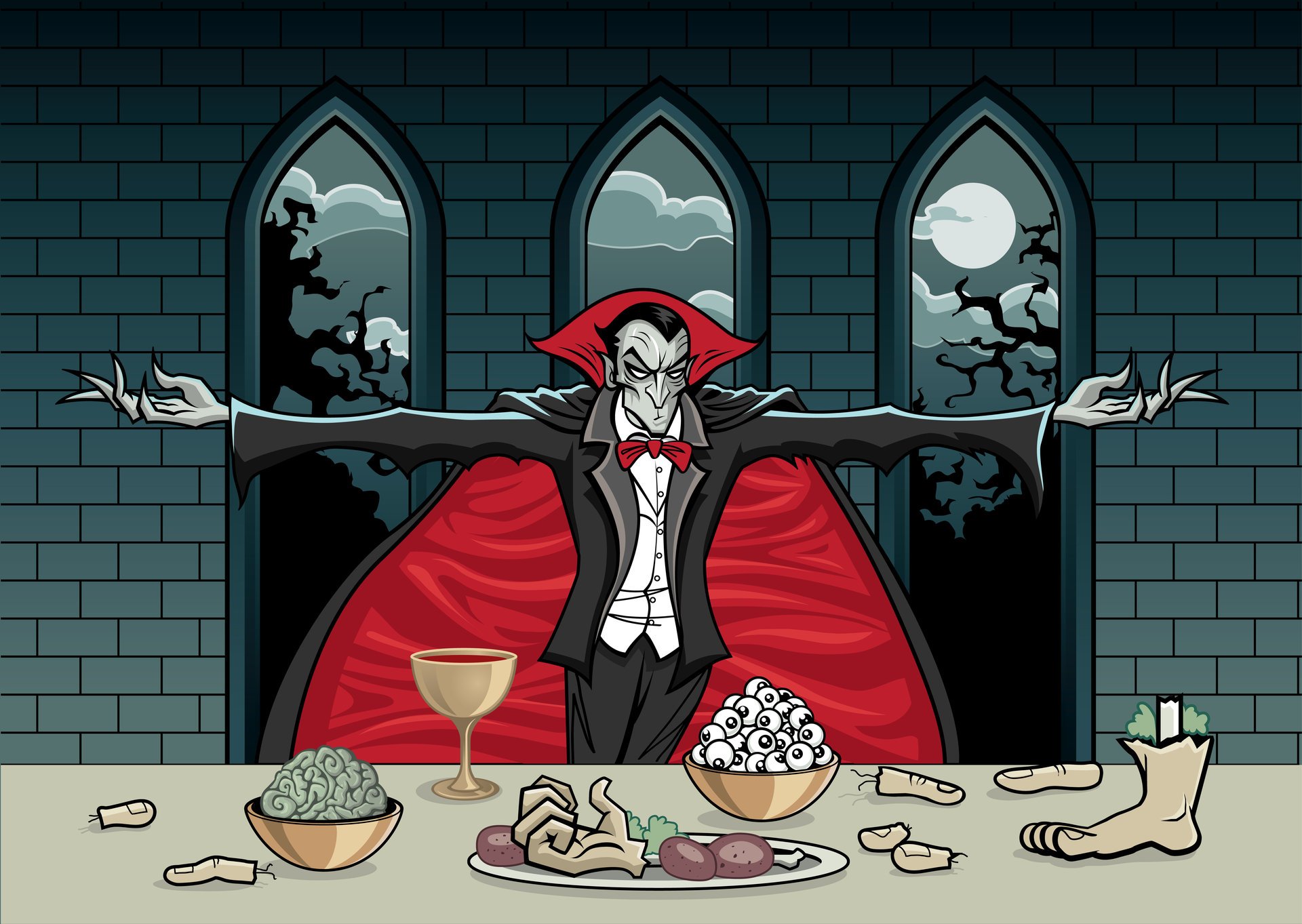 mesa entrañas ojos brazo pierna cerebro copa drácula conde noche ventana luna dedos sangre capa