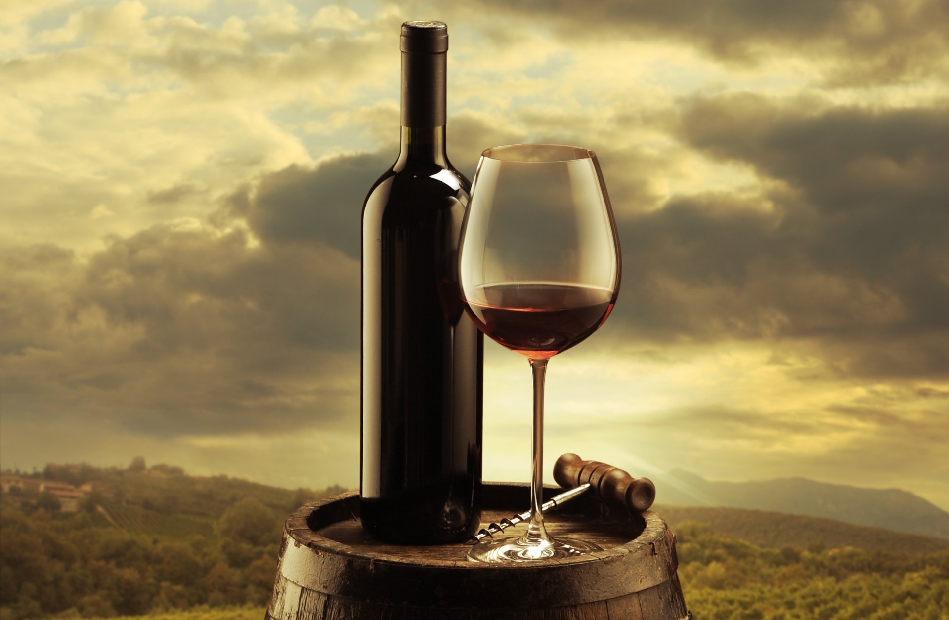 vino rojo botella copa de vino sacacorchos barril fondo cielo nubes viñedos