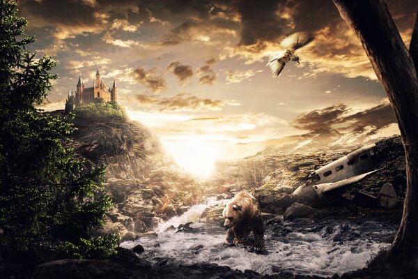 Castillo de cuento de hadas en el bosque. El oso y el bosque de hadas
